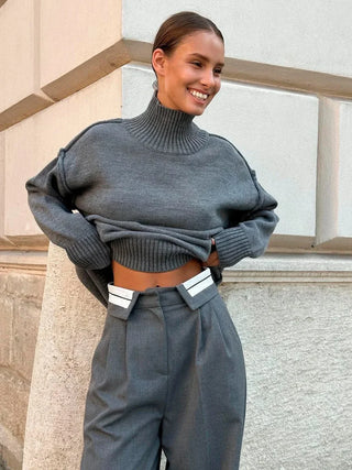 Soft Knit Mock Neck Drop Shoulders Sweater