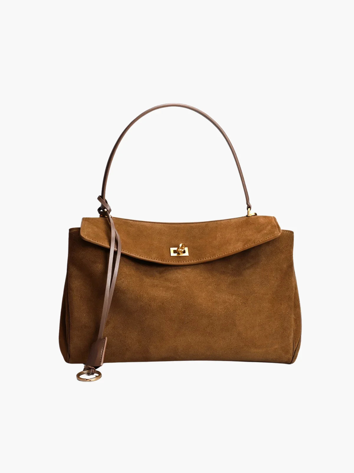 Elegant Suede Satchel with Top Handle and Twist-Lock Closure