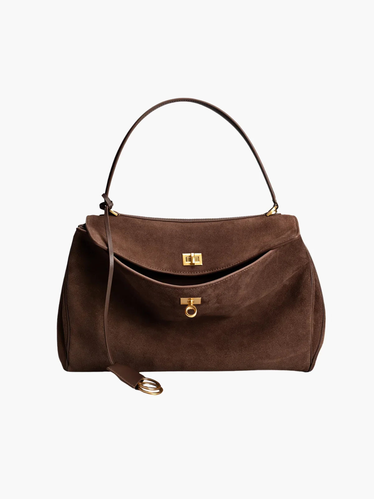 Elegant Suede Satchel with Top Handle and Twist-Lock Closure