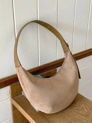 Faux Suede Crescent Shoulder Bag with Soft Buckle Detail