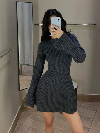 Ribbed Knit Bell-Sleeve Mini Dress