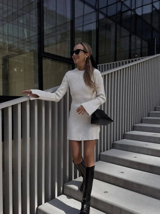 Ribbed Knit Bell-Sleeve Mini Dress