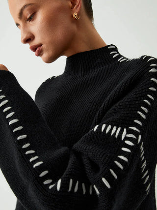 Ribbed Wool Mock Neck Whipstitch Sweater