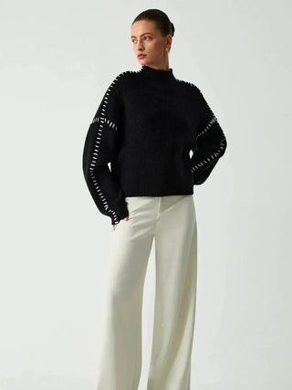 Ribbed Wool Mock Neck Whipstitch Sweater