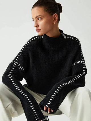 Ribbed Wool Mock Neck Whipstitch Sweater