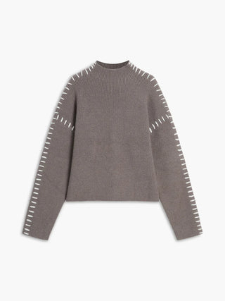 Ribbed Wool Mock Neck Whipstitch Sweater