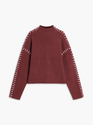 Ribbed Wool Mock Neck Whipstitch Sweater